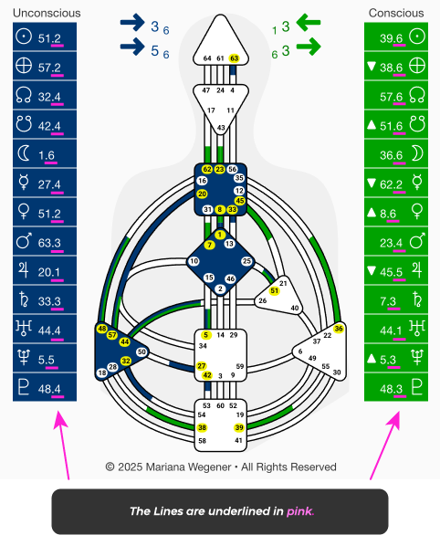 Human Design Bodygraph Chart with Lines highlighted