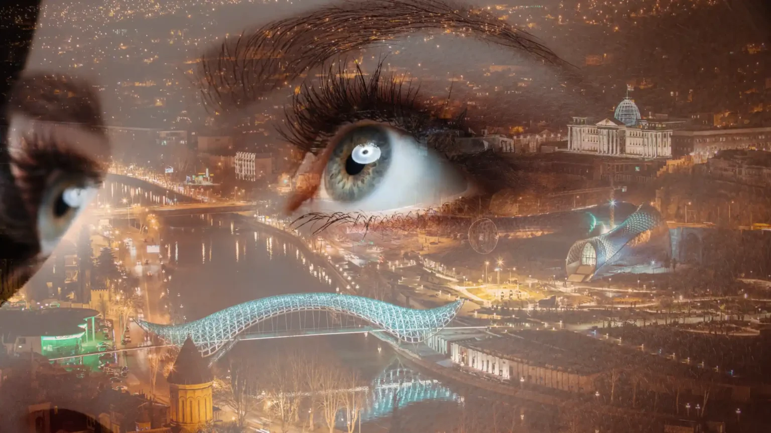 photo of woman's eyes visualizing a city scene