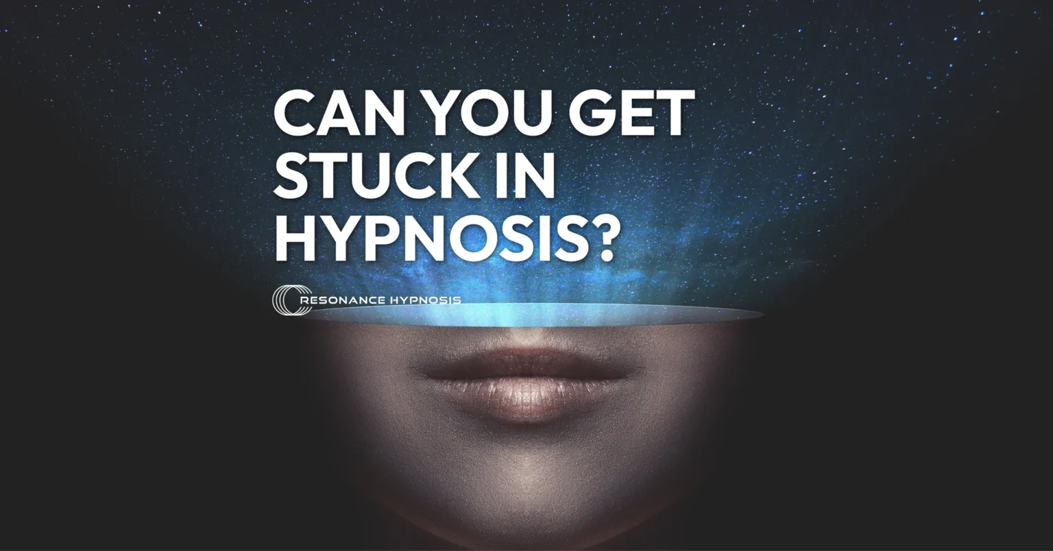 abstract image of a person's bottom half of the head floating on a galaxy background - text overlay reading "Can you get stuck in hypnosis?"