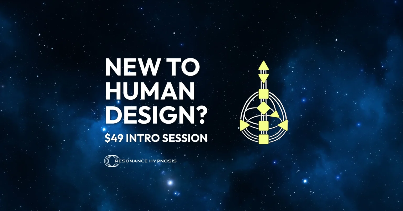 blue galaxy background image with white text overlay reading "new to human design? $49 intro session" with a bodygraph chart graphic next to it